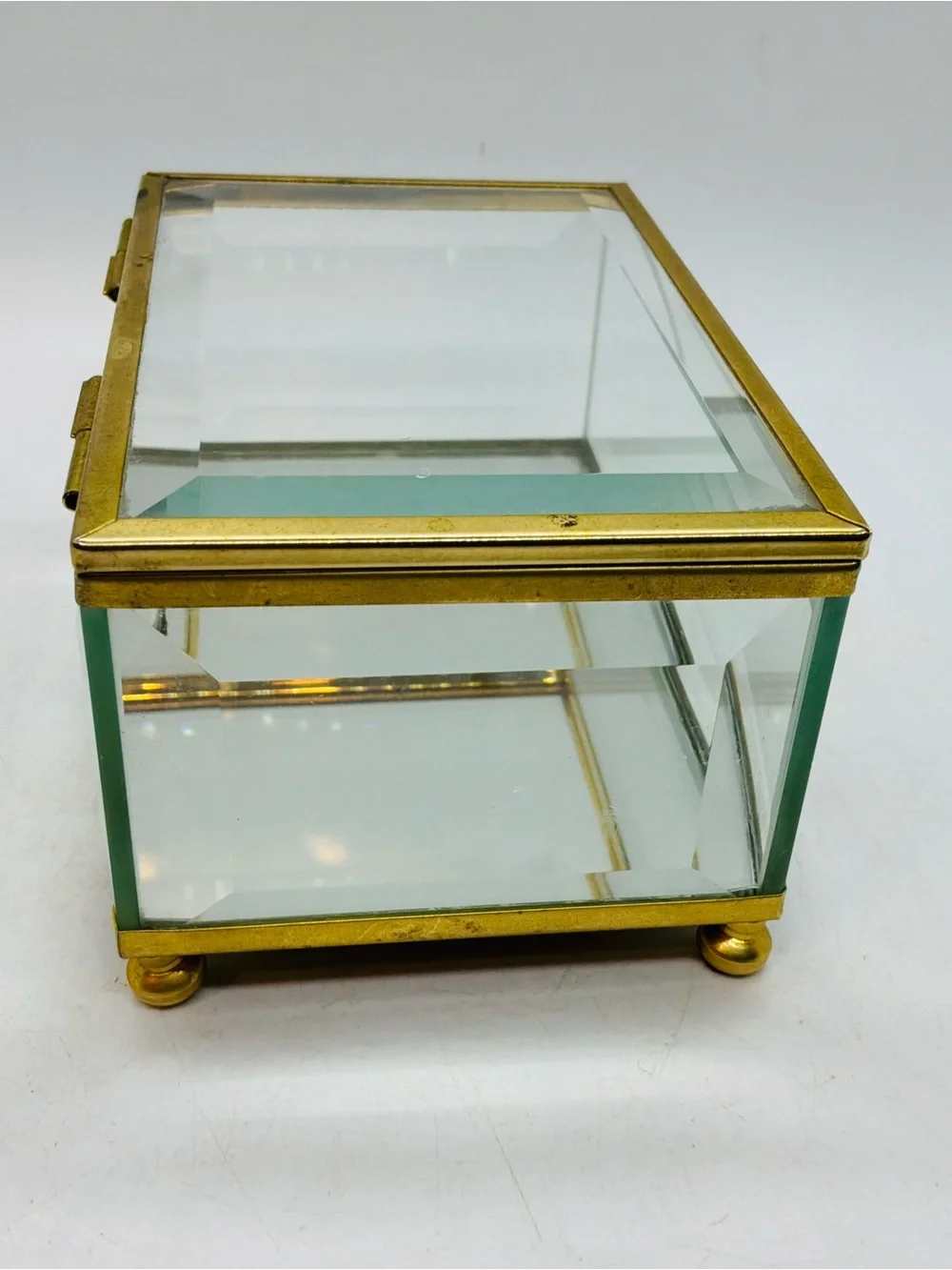 Vintage Hinged Jewelry Box Brass Beveled Glass Mirrored Trinket Jewelry Box